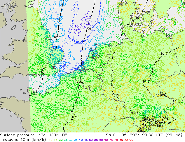 Isotachen (km/h) ICON-D2 Sa 01.06.2024 09 UTC