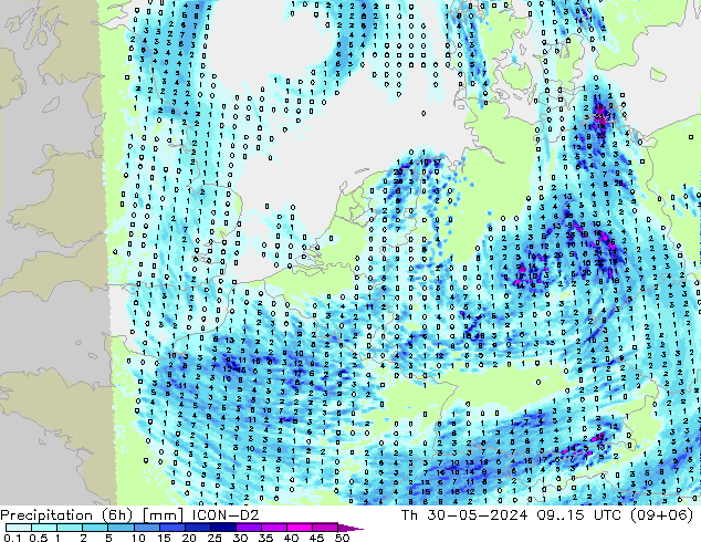 降水量 (6h) ICON-D2 星期四 30.05.2024 15 UTC