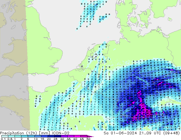 Precipitación (12h) ICON-D2 sáb 01.06.2024 09 UTC