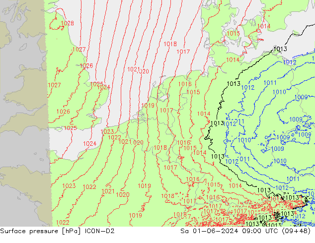 pressão do solo ICON-D2 Sáb 01.06.2024 09 UTC