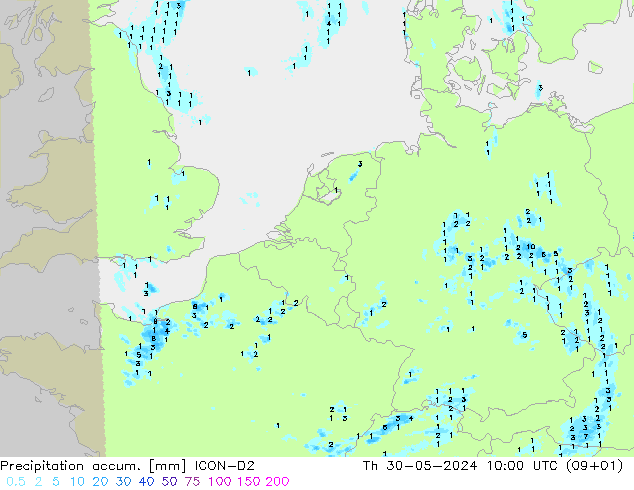 Precipitation accum. ICON-D2 星期四 30.05.2024 10 UTC