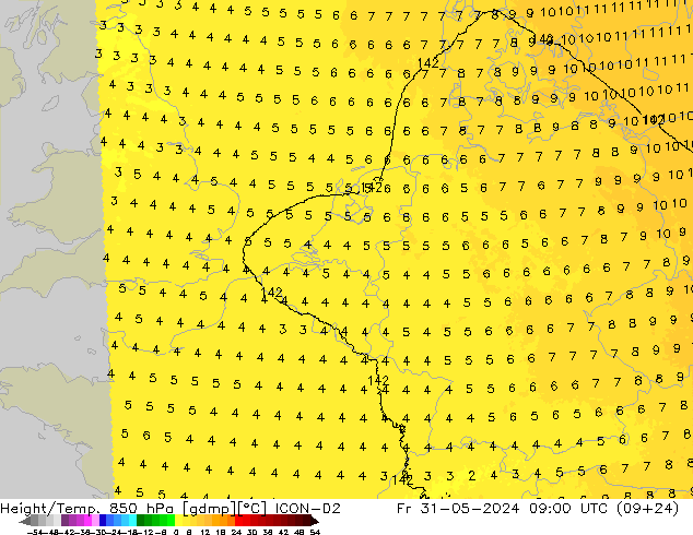 Height/Temp. 850 hPa ICON-D2 Sex 31.05.2024 09 UTC