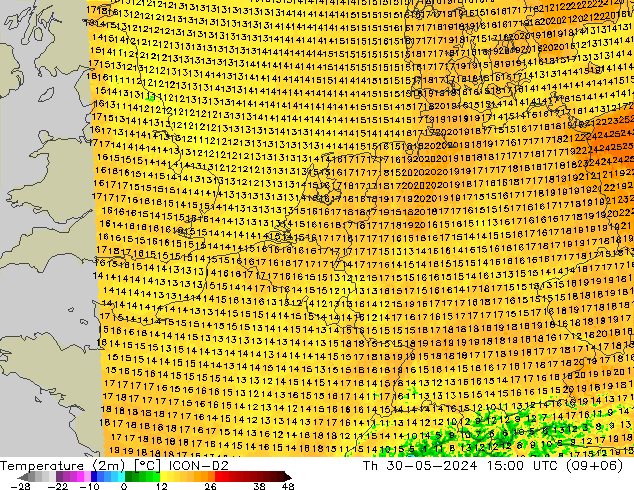 карта температуры ICON-D2 чт 30.05.2024 15 UTC