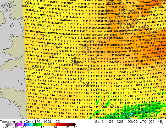 mapa temperatury (2m) ICON-D2 so. 01.06.2024 09 UTC