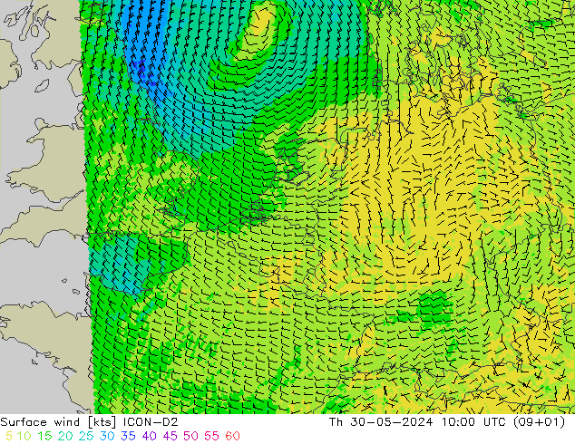 Surface wind ICON-D2 Th 30.05.2024 10 UTC