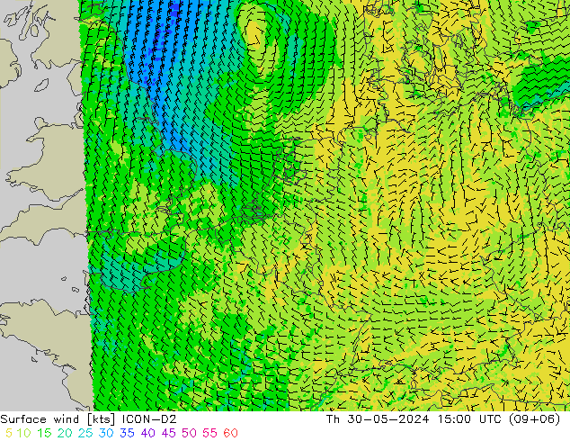 Surface wind ICON-D2 Čt 30.05.2024 15 UTC