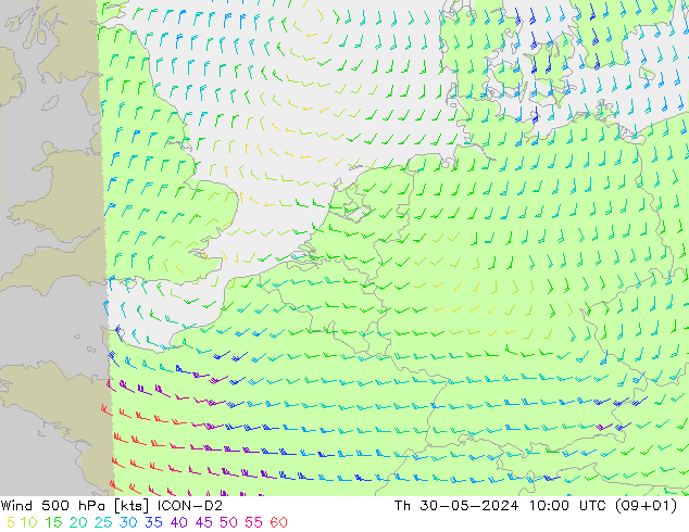 风 500 hPa ICON-D2 星期四 30.05.2024 10 UTC