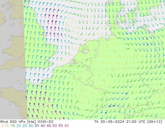 风 500 hPa ICON-D2 星期四 30.05.2024 21 UTC
