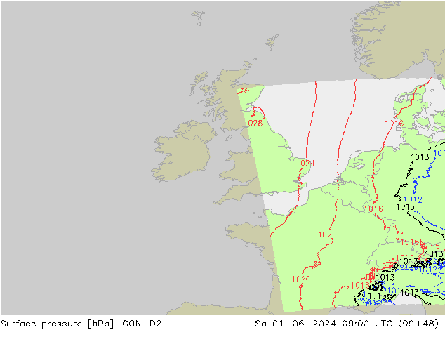 pressão do solo ICON-D2 Sáb 01.06.2024 09 UTC