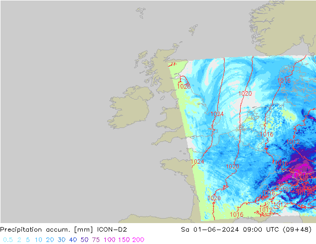 Precipitation accum. ICON-D2 So 01.06.2024 09 UTC