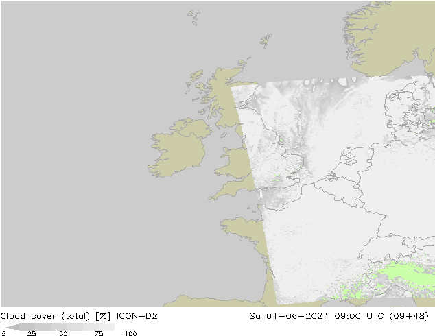 Cloud cover (total) ICON-D2 Sa 01.06.2024 09 UTC