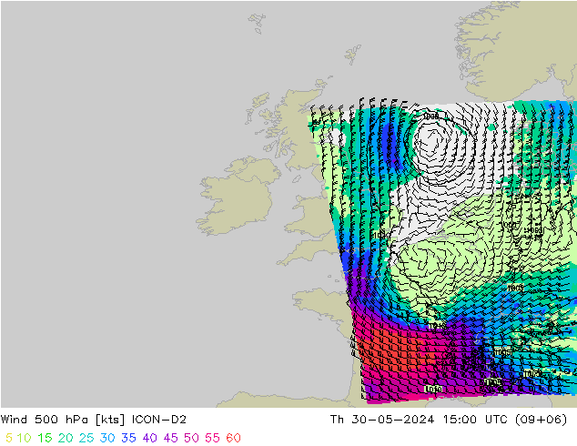 Wind 500 hPa ICON-D2 Čt 30.05.2024 15 UTC