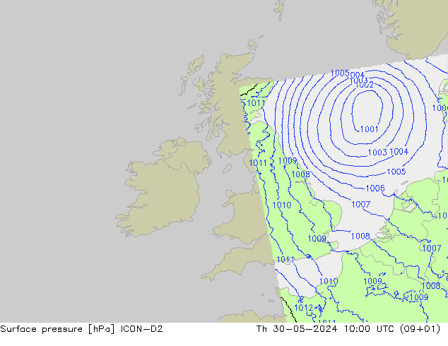 Pressione al suolo ICON-D2 gio 30.05.2024 10 UTC