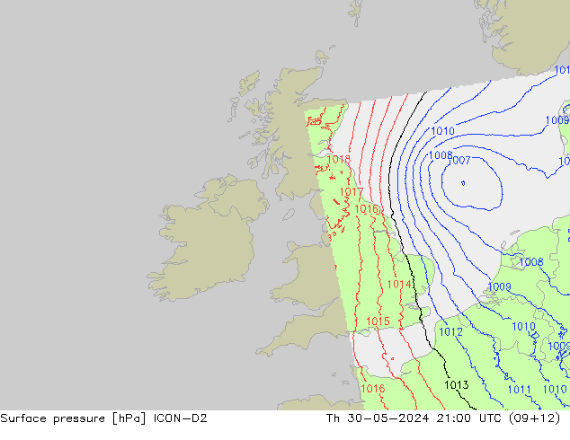 Surface pressure ICON-D2 Th 30.05.2024 21 UTC