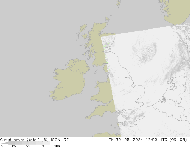 Cloud cover (total) ICON-D2 Th 30.05.2024 12 UTC