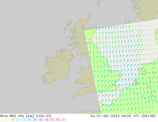 Rüzgar 850 hPa ICON-D2 Cts 01.06.2024 09 UTC