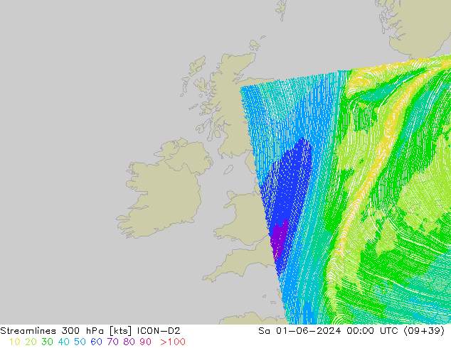 Streamlines 300 hPa ICON-D2 So 01.06.2024 00 UTC