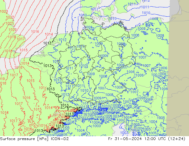 Pressione al suolo ICON-D2 ven 31.05.2024 12 UTC