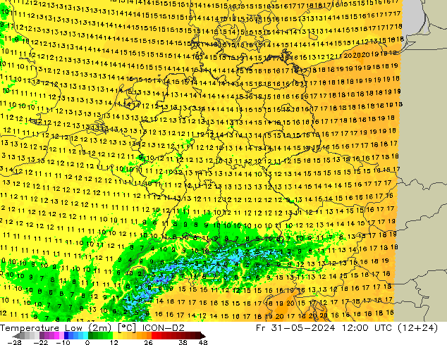 Minumum Değer (2m) ICON-D2 Cu 31.05.2024 12 UTC