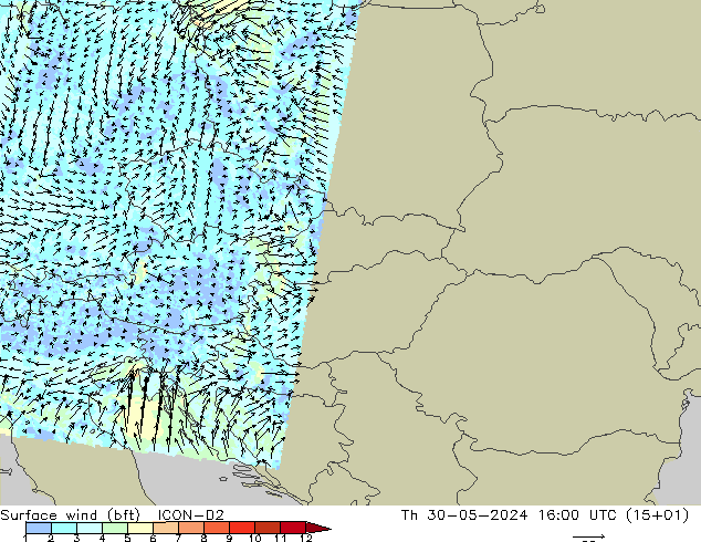 Surface wind (bft) ICON-D2 Čt 30.05.2024 16 UTC