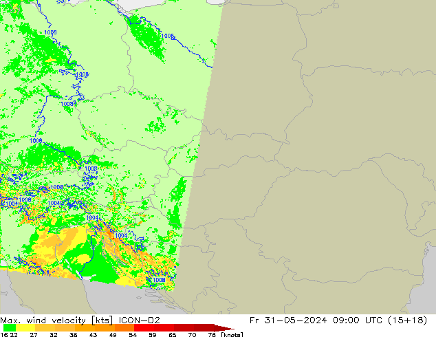 Max. wind velocity ICON-D2 pt. 31.05.2024 09 UTC