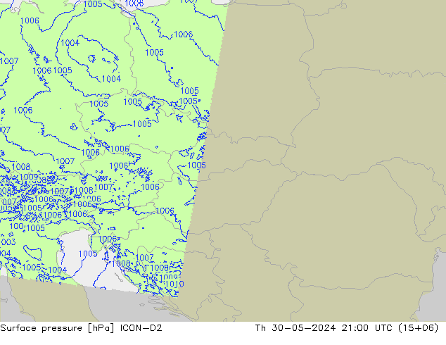 Atmosférický tlak ICON-D2 Čt 30.05.2024 21 UTC