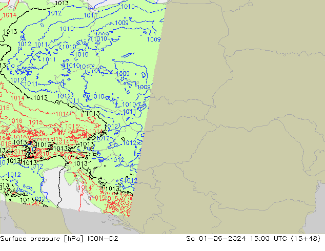 Surface pressure ICON-D2 Sa 01.06.2024 15 UTC