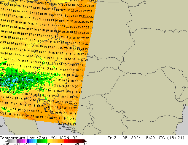 Temperature Low (2m) ICON-D2 Fr 31.05.2024 15 UTC