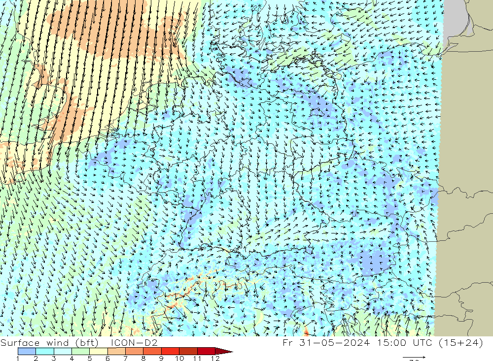 Surface wind (bft) ICON-D2 Fr 31.05.2024 15 UTC