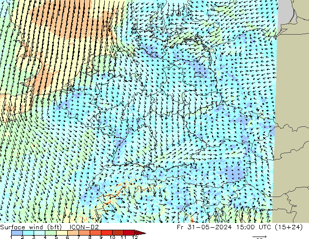 Surface wind (bft) ICON-D2 Fr 31.05.2024 15 UTC