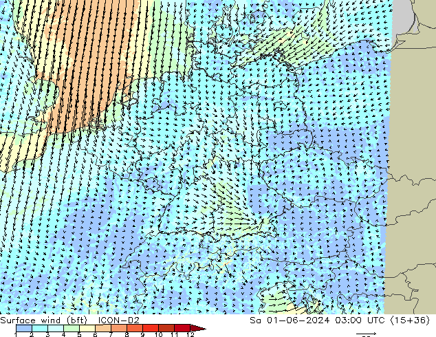 Surface wind (bft) ICON-D2 Sa 01.06.2024 03 UTC