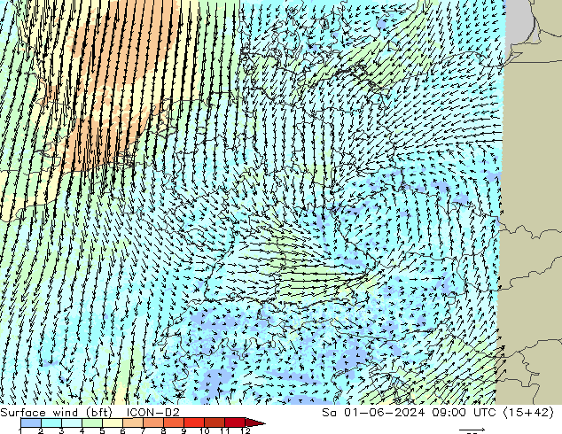 Surface wind (bft) ICON-D2 So 01.06.2024 09 UTC