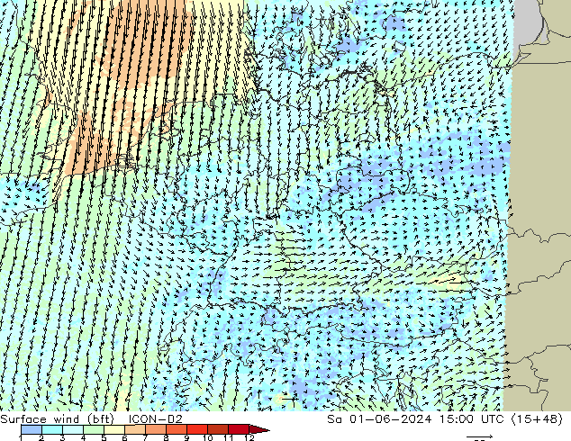Surface wind (bft) ICON-D2 Sa 01.06.2024 15 UTC