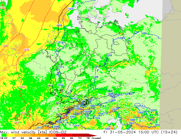 Max. wind velocity ICON-D2 Fr 31.05.2024 15 UTC