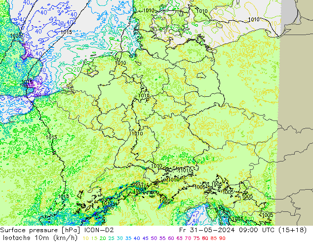 Eşrüzgar Hızları (km/sa) ICON-D2 Cu 31.05.2024 09 UTC