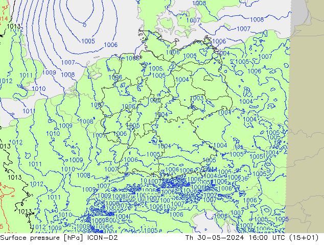 Pressione al suolo ICON-D2 gio 30.05.2024 16 UTC