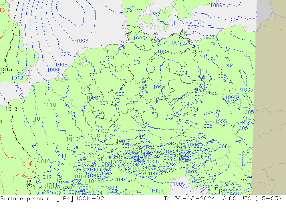 Surface pressure ICON-D2 Th 30.05.2024 18 UTC