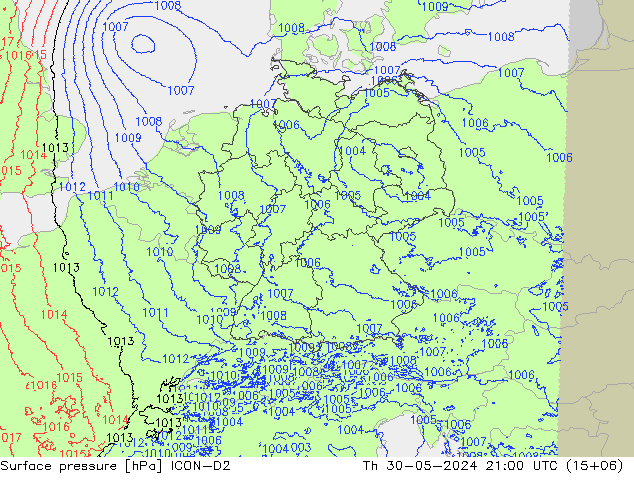 地面气压 ICON-D2 星期四 30.05.2024 21 UTC