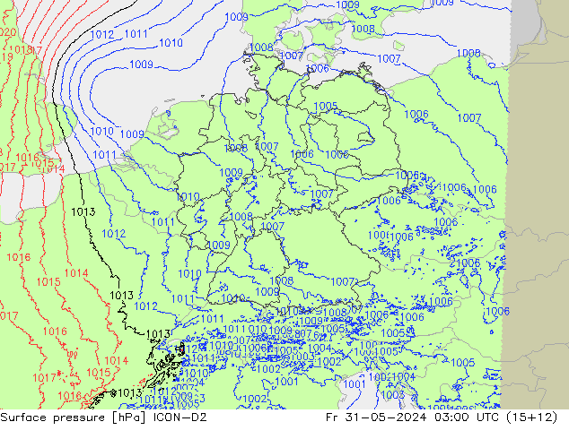 Atmosférický tlak ICON-D2 Pá 31.05.2024 03 UTC