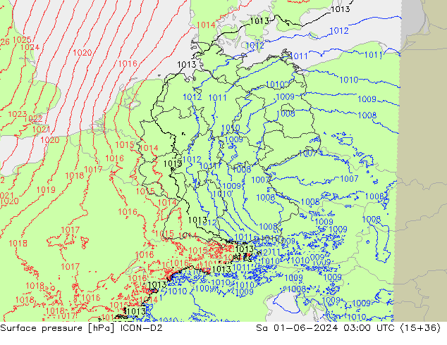 Surface pressure ICON-D2 Sa 01.06.2024 03 UTC