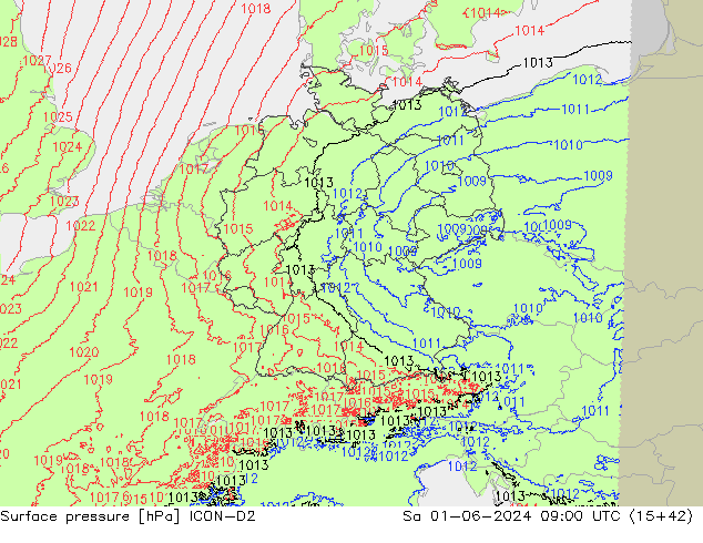 Yer basıncı ICON-D2 Cts 01.06.2024 09 UTC