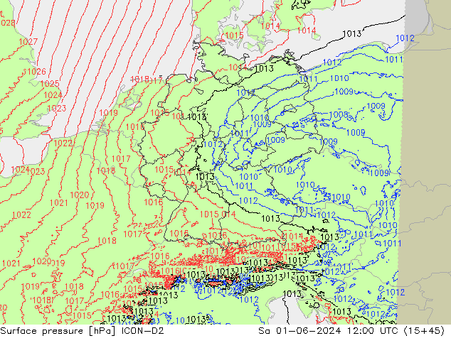 Presión superficial ICON-D2 sáb 01.06.2024 12 UTC