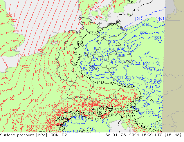 Pressione al suolo ICON-D2 sab 01.06.2024 15 UTC