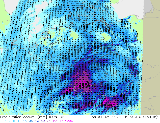 Precipitation accum. ICON-D2 Sa 01.06.2024 15 UTC