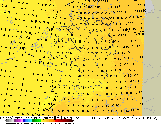 Height/Temp. 850 hPa ICON-D2 ven 31.05.2024 09 UTC