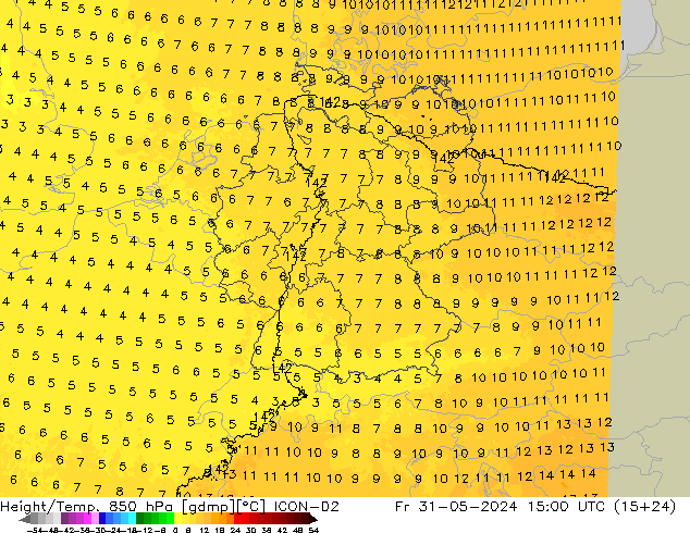 Height/Temp. 850 hPa ICON-D2 Fr 31.05.2024 15 UTC