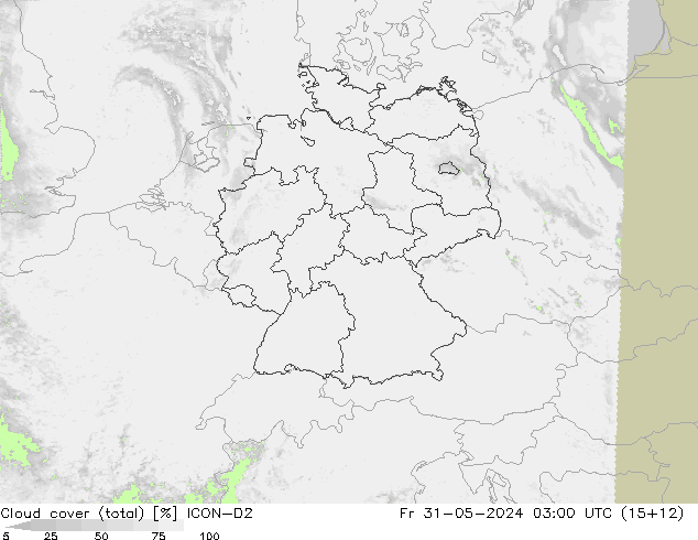 nuvens (total) ICON-D2 Sex 31.05.2024 03 UTC