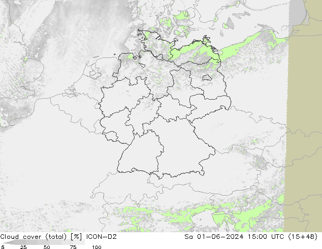 Nubes (total) ICON-D2 sáb 01.06.2024 15 UTC