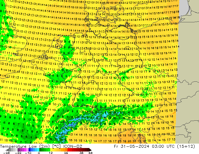 Temperature Low (2m) ICON-D2 Fr 31.05.2024 03 UTC