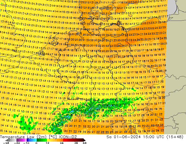 Temperature Low (2m) ICON-D2 Sa 01.06.2024 15 UTC